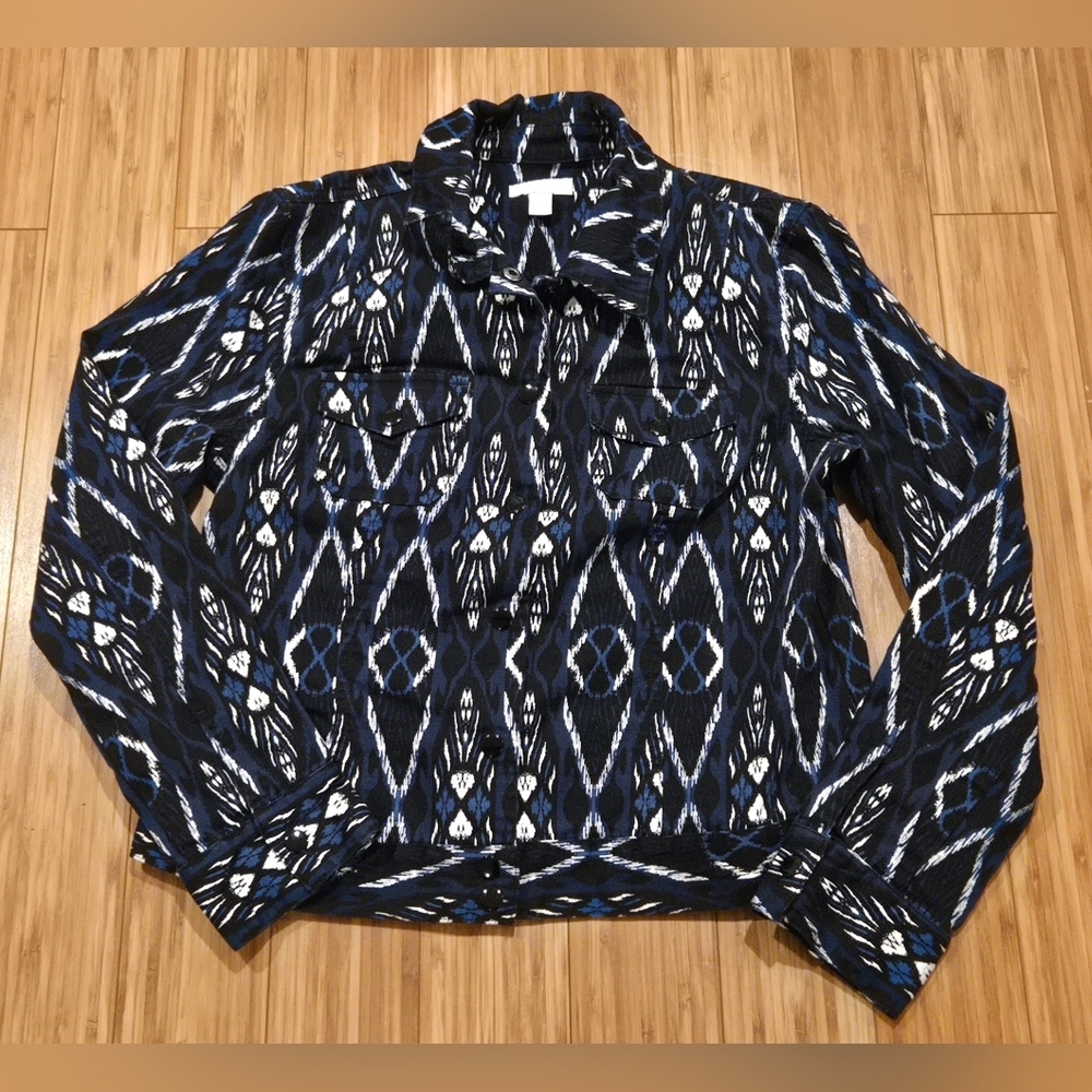 Charter Club Navy & White Ikat Print Button-Front Shirt Jacket